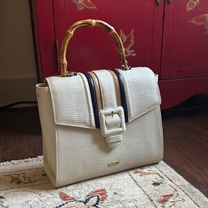 Brahmin Cream Satchel with Bamboo-Style Handle and Navy/Tan Trim
